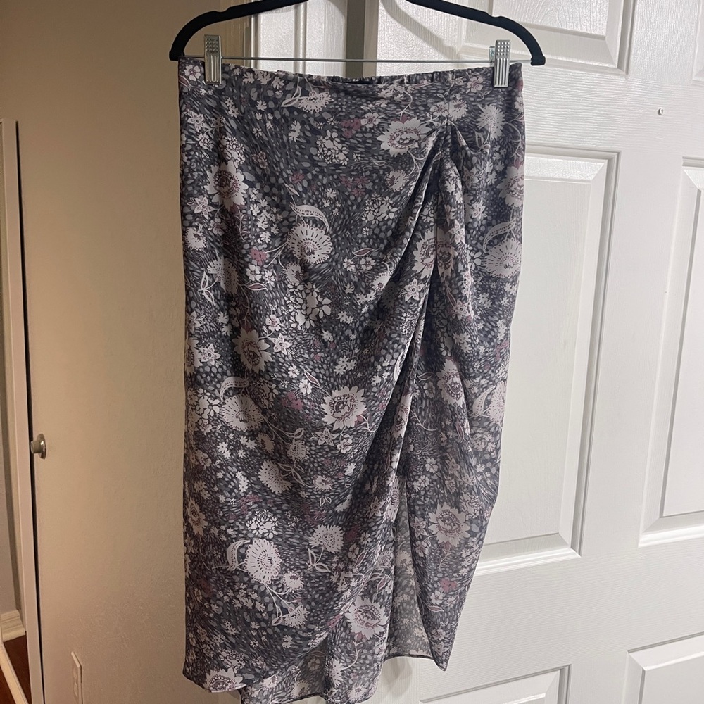 DREW Gray Ruched Wrap Midi Skirt